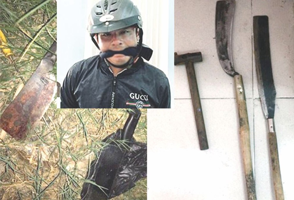 阮黃南被拘捕(小圖)及歹徒行兇的兇器。（圖源：互聯網）