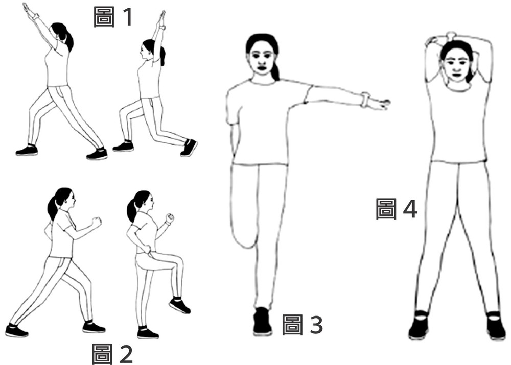 熱身及拉伸動作示意圖。（圖源：互聯網）
