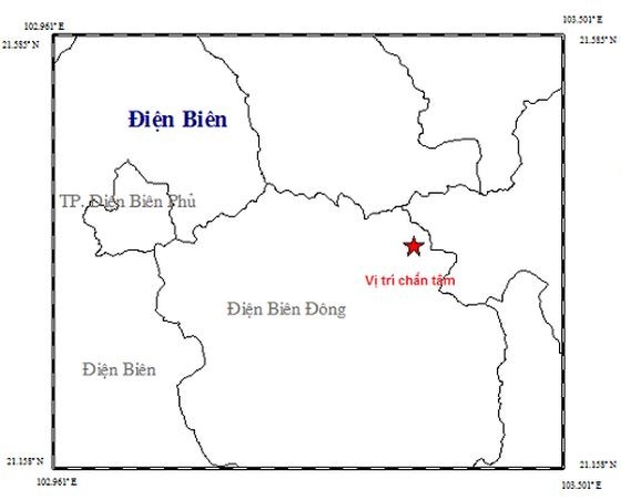 奠邊省發生里氏 2.7 級餘震。圖中星號表示震中位置。（圖源：地球物理院）