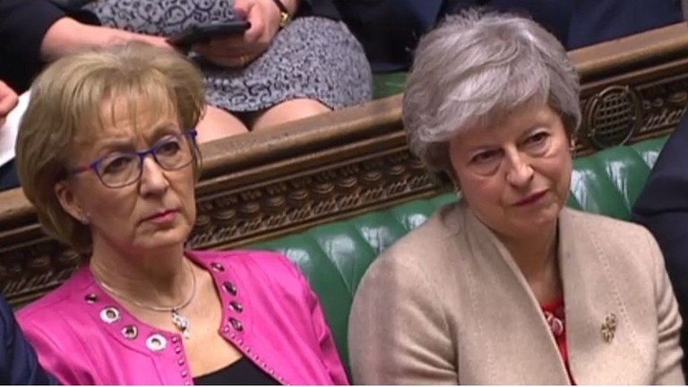 英國首相特雷莎·梅（右）與英下議院領袖利德索姆（左）。（圖源：AFP）
