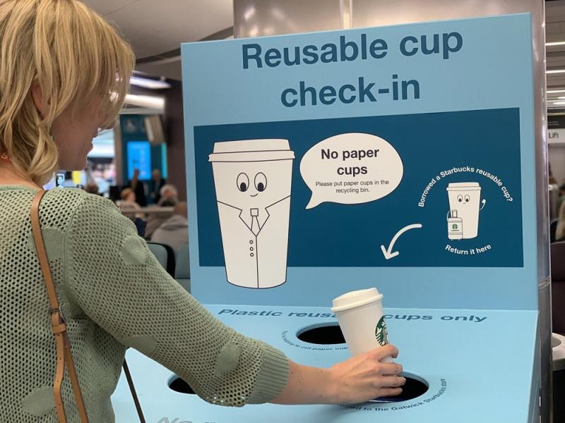 星巴克將在倫敦蓋特威克機場試行一個月可循環再用杯。（圖源：互聯網）
