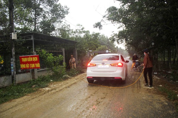 同奈省獸醫分局人員對進出疫區的交通工具進行消毒。（圖源：平原）