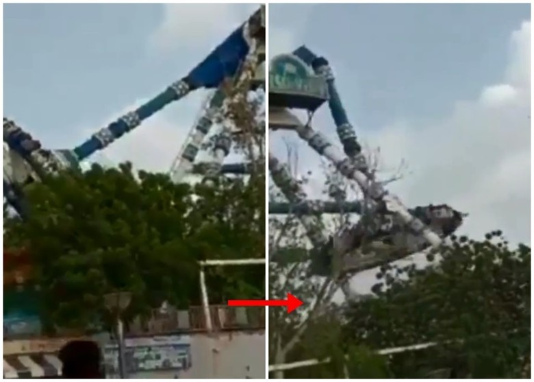 機動遊戲原本正常運作（左圖），其主軸突然斷開（右圖）。（圖源：互聯網）