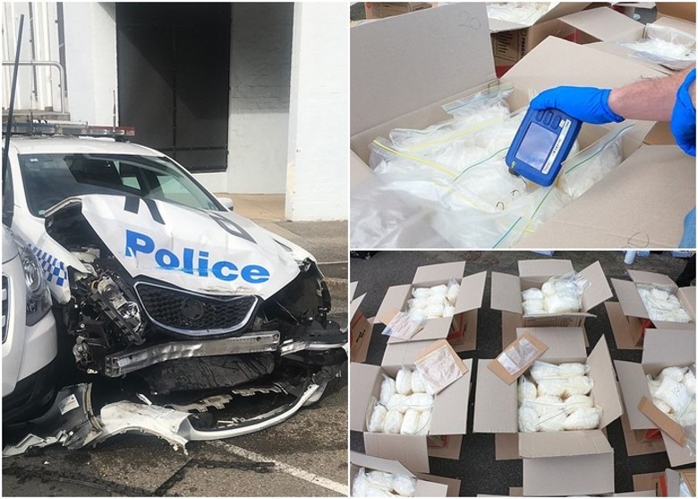 圖為涉事汽車載有大批冰毒(右圖)，意外撞毀警車(左)。（圖源：互聯網）