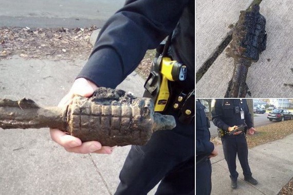 一個男子在美國密歇根州釣魚的時候，意外掉上來了一個第一次世界大戰時期未使用的手榴彈。（圖源：社交網截圖）