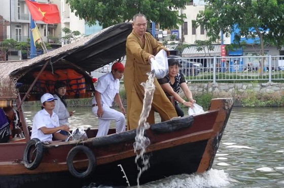 釋慧功法師在豆腐涌放魚苗。