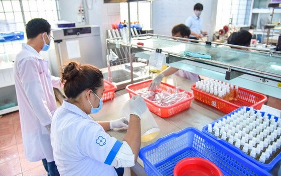 雒鴻大學師生們在加快進度生產洗手液。（圖源：英秀）