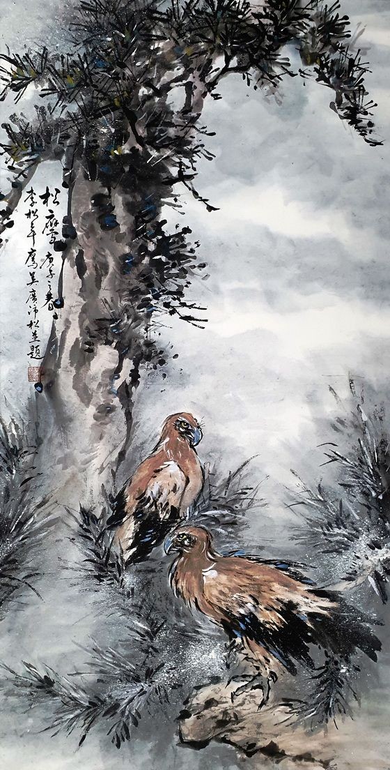 李松年與吳廣沛聯合創作《松鷹》 一畫。