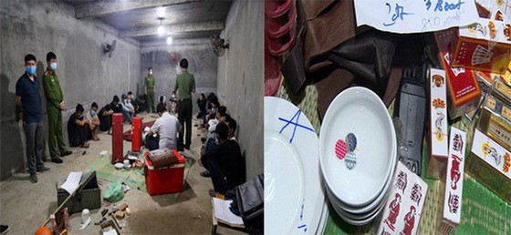 職能力量突擊搜查賭博密室時當場捕獲27名賭徒（左圖）及涉賭案物證（右圖）。（圖源：警方提供）