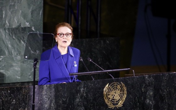 2019年11月20日，在位於紐約的聯合國總部，聯合國兒童基金會（兒基會）執行主任亨麗埃塔·福爾在聯大舉行的紀念《兒童權利公約》通過30週年高級別會議上講話。（圖源：新華社）