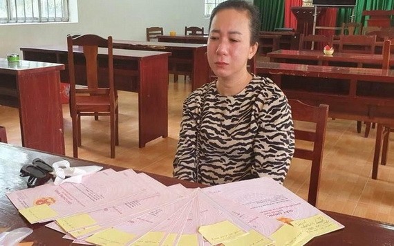 被起訴的嫌犯陳氏瑩與涉案物證的假“紅簿”。（圖源：文宇）