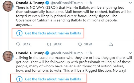 特朗普的推文加上藍色標籤。（圖源：Twitter）