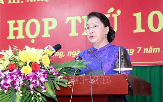 國會主席阮氏金銀在會議上致開幕詞。(圖源:越通社)