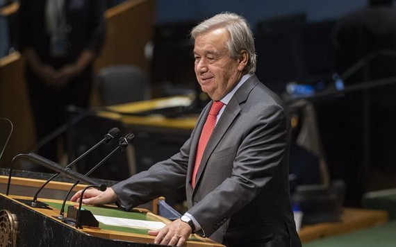 10月2日，聯合國秘書長古特雷斯在紐約聯合國總部舉行的紀念“徹底消除核武器國際日”高級別會議上發言。（圖源：新華社）