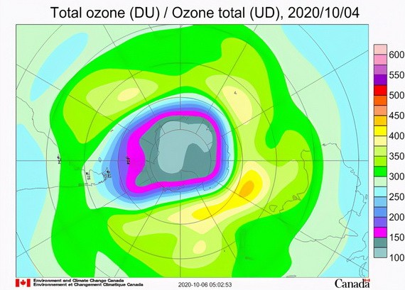 監測臭氧層的科學家警告稱，南極上空的臭氧空洞已經達到“年度最大範圍”，是近年來最大、最深的空洞之一。（圖源：世界氣象組織）