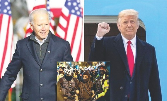 特朗普（右）或不承認選舉結果。小圖白宮外發生抗議活動3人被捕。（圖源：互聯網）