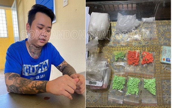 被起訴的嫌犯鄧明煌（左圖）及涉案毒品物證（右圖）。（圖源：同奈公安）