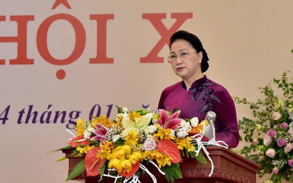 國會主席阮氏金銀在會上致詞。（圖源：林顯） 