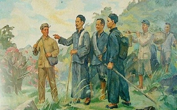 這幅畫描繪了胡志明主席在奔波海外尋找救國道路30年之後,1941年1月28日,回國就落腳在高平省河廣縣長河鄉北坡村並在這裡直接領導越南革命。(圖源:Hochiminh.vn)