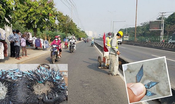 職能力量2月初期間採用自造的磁鐵盒在１號國道上吸到的一大堆菱形釘子（小圖所示）。