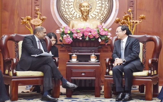 市委書記阮文年（右）接見拉特南大使。（圖源：市黨部新聞網）