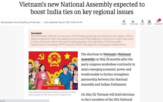 登羅伊‧喬杜里記者有關越南國會選舉的文章在印度《經濟時報》網站刊登屏幕截圖。(圖源:網站截圖)
