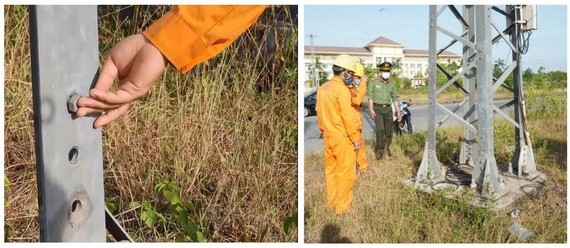 南東河工業區22千伏電線桿的許多支撐桿、螺絲被偷竊。