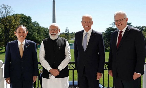 日印美澳領導人參加“四方安全對話”面對面會談（ 從左至右）。（圖源：共同社）