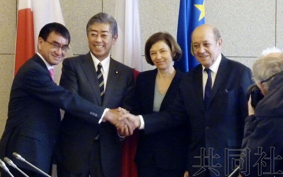 圖為 2019年1月11日，日本外相河野太郎（左起）、防衛相岩屋毅和法國防長帕利、外長勒德里昂在法國西北部的布雷斯特出席外長防長磋商（2+2）。（圖：共同社）