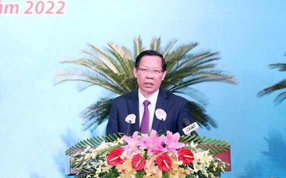 市人委會主席潘文邁在見面會上發表講話。（圖：越通社）