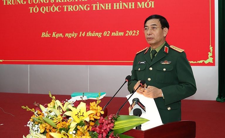 国防部长潘文江大将在会议上发表讲话。(图:国防部官网)