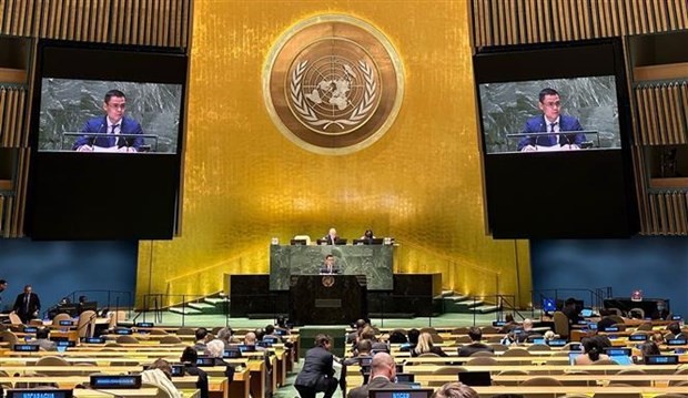越南常驻联合国代表团团长邓黄江大使在会上发表讲话。(图:越通社)