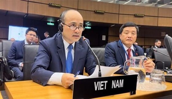 越南常驻国际原子能机构(IAEA)代表阮忠坚大使发表讲话。(图:越通社)