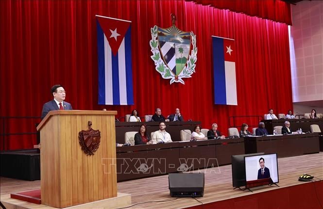 国会主席王廷惠在会议上发表讲话。(图:越通社)