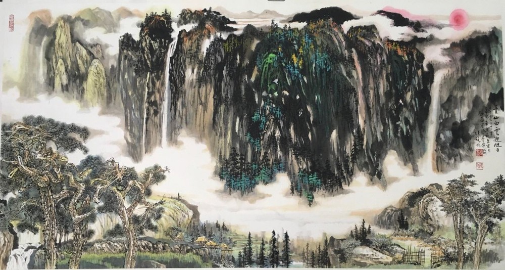 青山白云迎旭日 张路画