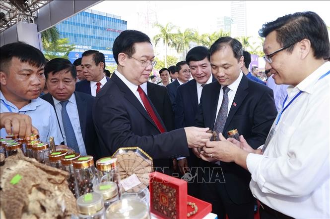 国会主席王廷惠参观该省特色产品陈列展。(图:越通社)