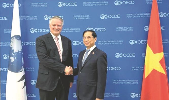 越南外交部长裴青山(右)会见OECD秘书长马蒂亚斯‧科尔曼。(图:越通社)