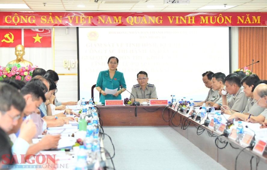 市人民议会主席阮氏丽(中左)在会上致词。(图:越勇)