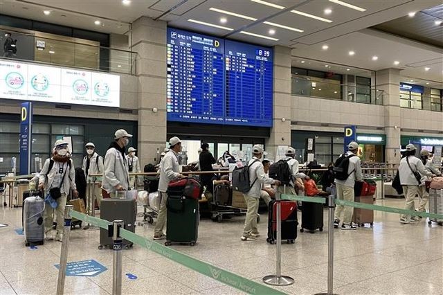 赴外劳工在机场办理登机手续。(示意图:互联网)
