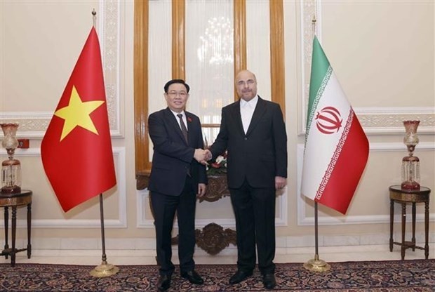 伊朗国会议长穆罕默德-巴盖尔‧加利巴夫迎接国会主席王廷惠。(图:越通社)