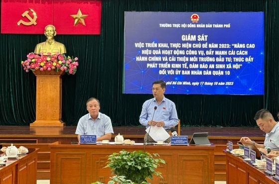 市人民议会副主席阮文勇（站）在会议上发言。（图：志石）