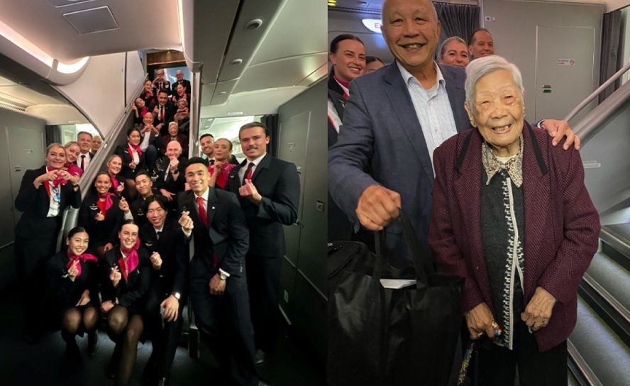 百岁婆婆搭澳航获机组职员欢呼与送礼