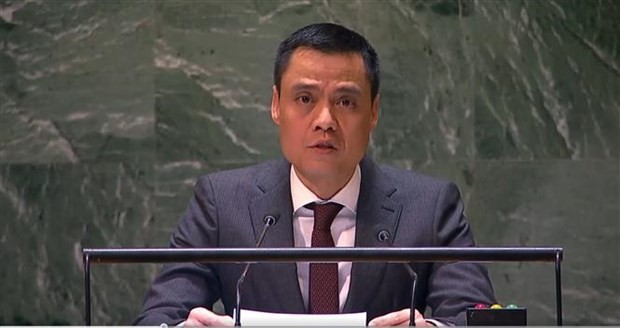 越南常驻联合国代表团团长邓黄江大使在会上发表讲话。(图:越通社)