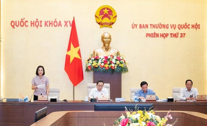 国会副主席阮氏清(左一)在会议上发言。(图:国会)