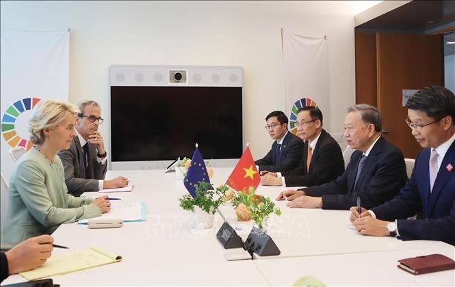苏林总书记、国家主席会见欧洲联盟委员会主席乌尔苏拉·冯德莱恩。(图:越通社)