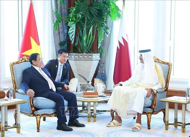 政府总理范明政会见卡塔尔国王塔米姆。(图:越通社)