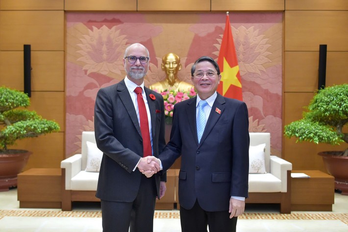 国会副主席阮德海(右)与加拿大驻越南特命全权大使佩里·肖恩·斯泰尔握手合影。(图:国会)