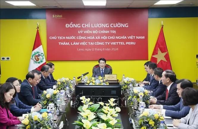 国家主席梁强造访Bitel电信公司。(图:越通社)
