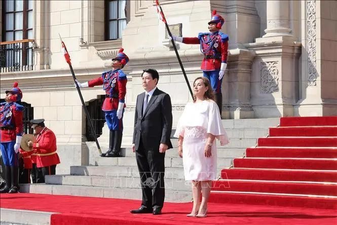 秘鲁共和国总统迪娜·埃尔西利娅·博鲁阿尔特·塞加拉主持了隆重仪式,欢迎越南国家主席梁强到访。(图:越通社)