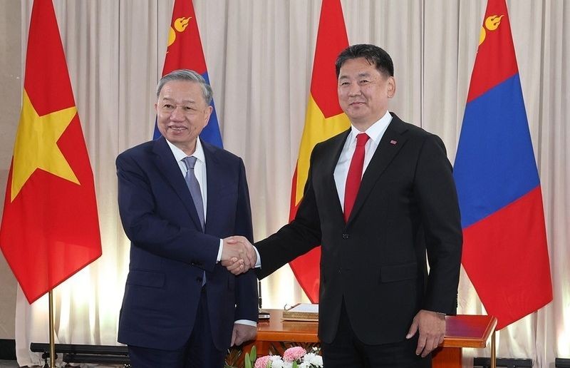 图为2024年9月30日,在蒙古国首都乌兰巴托,党总扬总书记苏林会见蒙古国总统乌赫那‧呼日勒苏赫。(图:互联网)